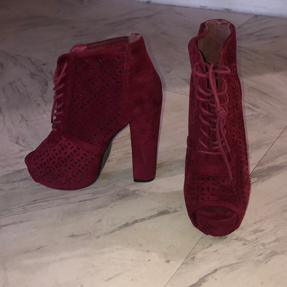 Charlotte Russe Burgundy open toe boot heel